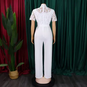 Back view of white lace hollow-out short sleeve high-waist wide-leg jumpsuit on mannequin