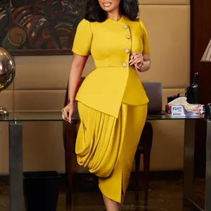 Elegant yellow two-piece set featuring a tailored buttoned top and draped pencil skirt