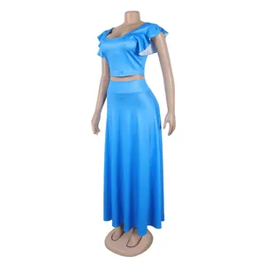 Hemelsblauwe elegante tweedelige maxi-jurk set met ruchesmouwen en elastische stof