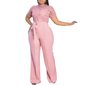 Elegant pink lace hollow-out short sleeve high-waisted wide-leg jumpsuit for women