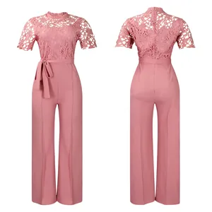 Front and back view of a pink lace hollow jumpsuit with wide leg design