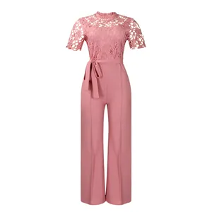 Elegant pink lace hollow-out short sleeve high waist wide leg jumpsuit for women fashion