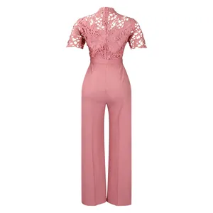 Detailed back view of a pink lace hollow short sleeve high waist wide leg jumpsuit