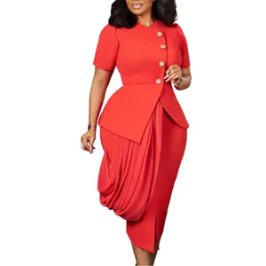 Elegant red two-piece set featuring a short-sleeved top and draped pencil skirt