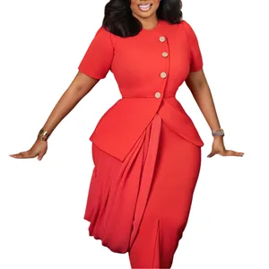Elegant red two-piece set featuring a peplum top and pencil skirt with drape detail