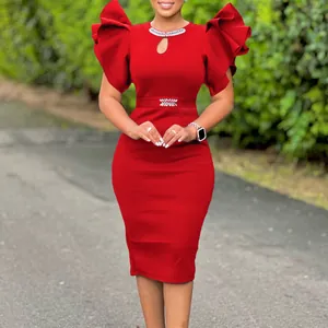 Elegant red bodycon party dress with dramatic ruffled sleeves and rhinestone accents