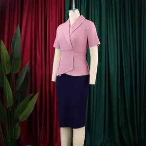 Elegant short sleeve color block dress design with ruffle waist and navy pencil skirt