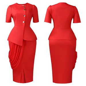Elegant red two-piece outfit set with peplum top and pencil skirt, front and back views