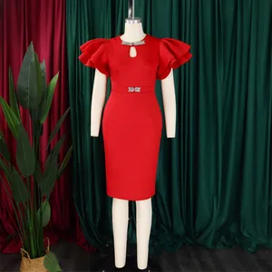 Elegant red bodycon dress with ruffled sleeves and rhinestone collar detail