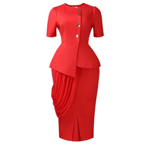 Elegant red two-piece suit with peplum top and draped pencil skirt for stylish women
