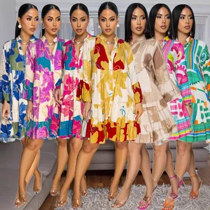 Elegant Loose Floral Print V-Neck Patchwork Color Contrast Mini Dress For Women Long Sleeve Casual Party Ruffle Hem Dress