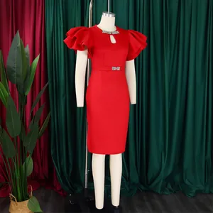 Detailed view of elegant red bodycon dress with ruffle sleeves and rhinestone accents