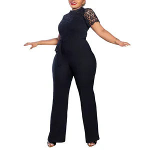 Detailed view of black lace hollow short sleeve high waist wide leg jumpsuit
