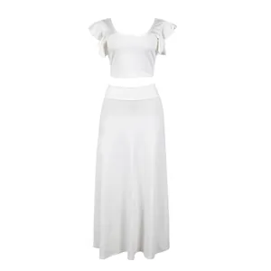 Witte tweedelige maxi-jurk set met crop top met ruches en lange elastische rok