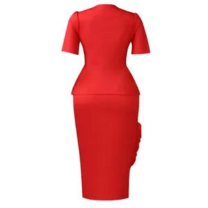 Detailed back view of the peplum waist design and sleek pencil skirt silhouette in red