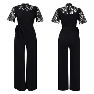 Elegant black lace short-sleeve jumpsuit with wide-leg pants and waist tie detail view