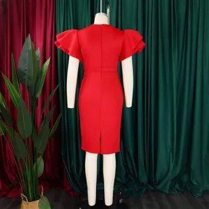 Detailed back view of a stylish red bodycon dress with elegant ruffled sleeves.