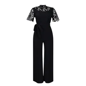 Elegant black lace bodice jumpsuit featuring a high waist tie and wide-leg trouser design