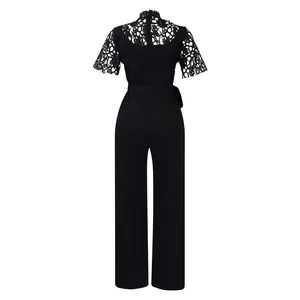 Back detail view of black high-waisted lace hollow-out jumpsuit with wide-leg cut