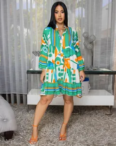Full view of an elegant loose floral print V-neck contrast mini dress worn by a model