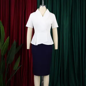 Elegant plus size color block peplum dress with V-neck and bodycon skirt silhouette