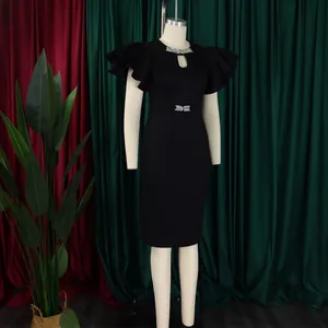 Elegant black bodycon party dress featuring ruffle sleeves and sparkling rhinestone details