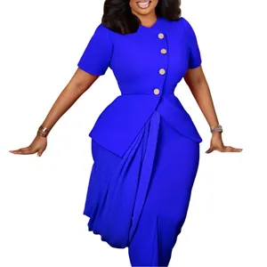 Elegant royal blue two-piece office set featuring a peplum top and slim pencil skirt