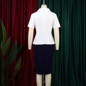 Elegant white and navy color-block bodycon dress back view shown on a mannequin