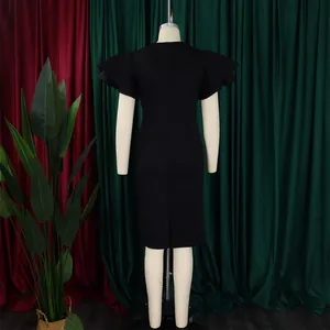 Detailed back view of a black round neck bodycon dress with elegant flutter sleeves