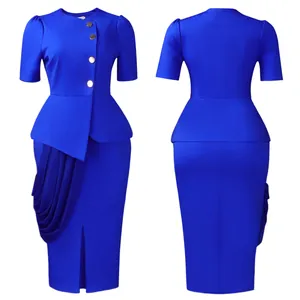 Front and back view of elegant royal blue two-piece peplum top and pencil skirt set