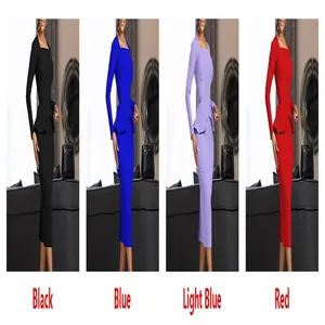 Color options of long-sleeved peplum dress in black, blue, light blue, and red.