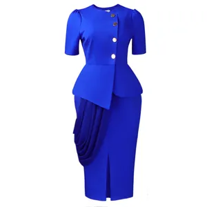 Elegant royal blue two-piece skirt set featuring a peplum top with gold decorative buttons