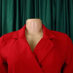 Gros plan d'une élégante robe rouge avec col tailleur classique et détails plissés.
