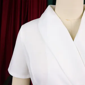 Close-up of white shawl collar and short sleeve detail on elegant dress