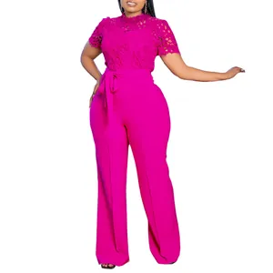 Elegant fuchsia lace short sleeve jumpsuit with high waist tie and wide leg pants