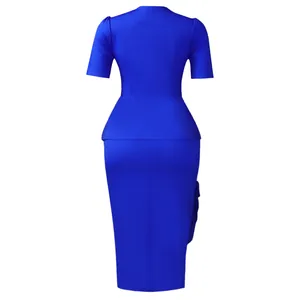 Back view of elegant royal blue short sleeve peplum top and pencil skirt set for women
