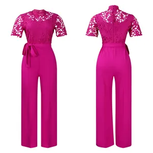 Elegant fuchsia lace hollow short sleeve high waist wide leg jumpsuit front and back
