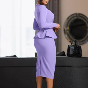 Detailed back view of an elegant lavender peplum dress with long sleeves and midi skirt