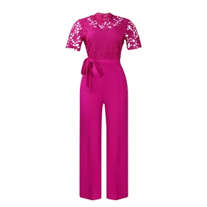 Elegant magenta lace hollow short sleeve jumpsuit with high waist wide-leg trousers