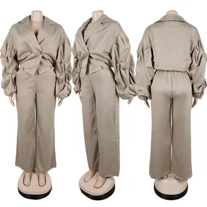 Khaki Damen-Zweiteiler mit Faltenballonärmeln und Hose mit weitem Bein