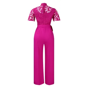 Back view of a stylish magenta lace hollow-out short sleeve high waist wide leg jumpsuit