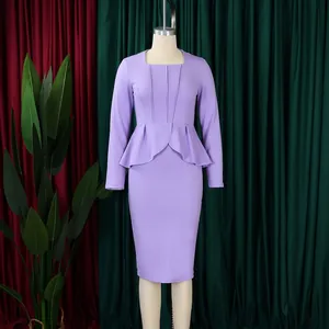 Elegant purple long-sleeve midi dress featuring a peplum waist and square neckline design