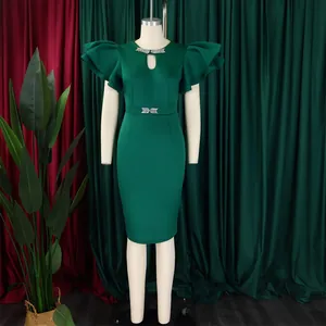 Elegant dark green bodycon evening dress featuring ruffle sleeves and rhinestone details