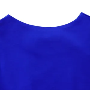 Close-up detail of the elegant boat neckline on a royal blue fabric top.
