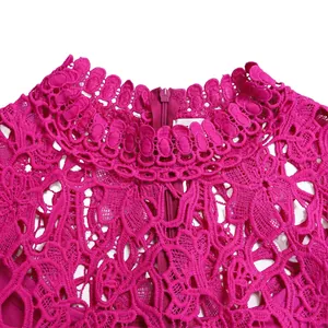 Close-up detail of fuchsia lace neckline and zipper on hollow out jumpsuit