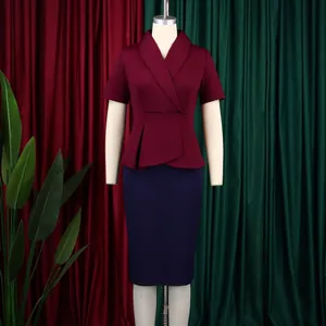 Elegant burgundy and navy peplum pencil dress with shawl collar and short sleeves