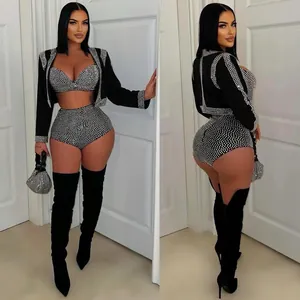Completo Donna Sexy Elegante con Giacca Top E Pantaloncini in Strass Nero Scintillante Clubwear Party Banchetto Spettacolo