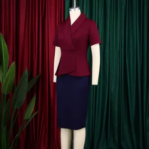 Elegant burgundy and navy color-block short sleeve peplum bodycon dress for women