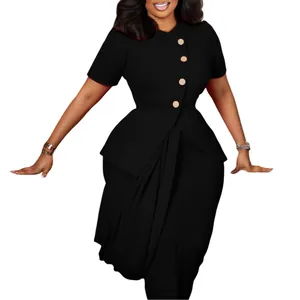 Close-up detail of stylish black peplum top with side buttons and matching pencil skirt