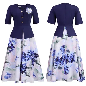 Elegante abito blu navy a fiori, finto due pezzi con mezze maniche, vista fronte e retro